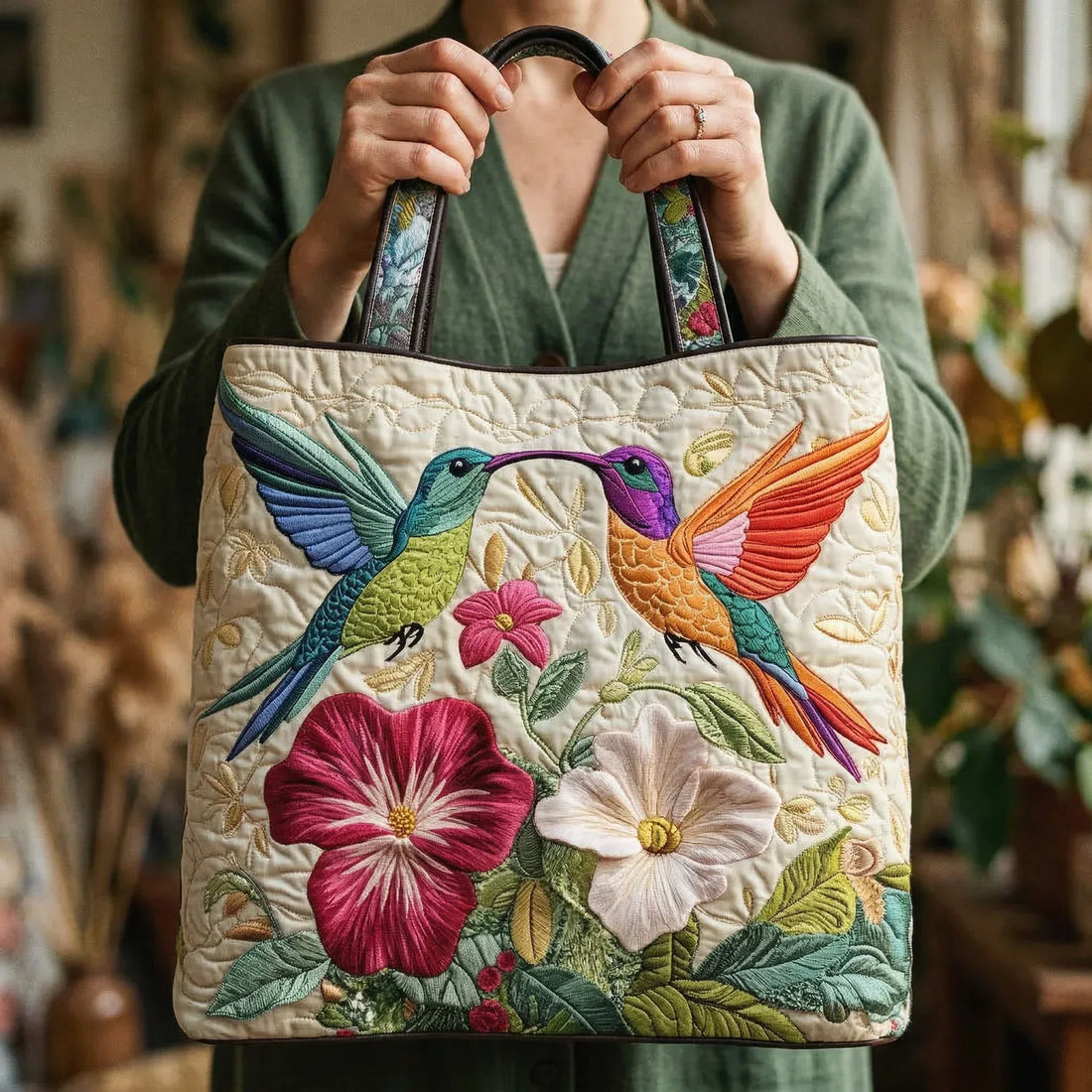 Sac artisanal - Colibri et fleurs blanches