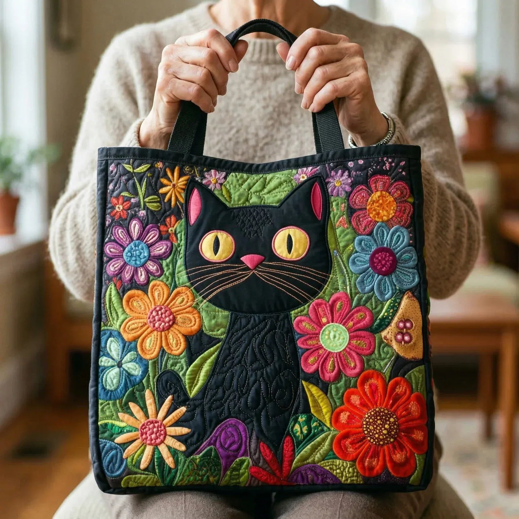 Sac artisanal - Chat noir enchanté